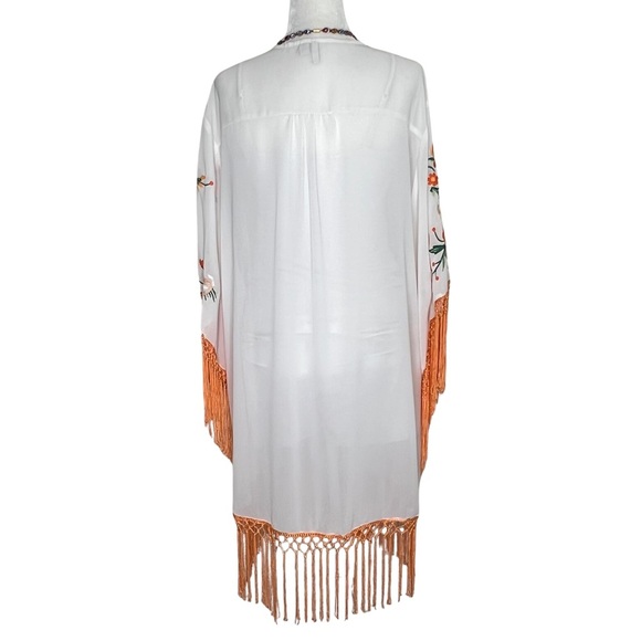 Fringe Kimono Floral Boho Festival Embroidered White Orange Flowers Medium Cato - Picture 8 of 17